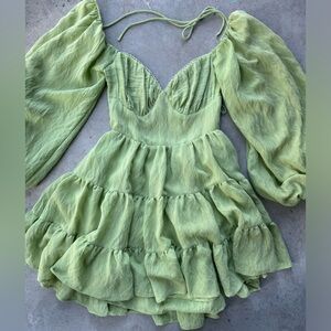 Princess Polly green boho ruffle romantic mini long sleeve dress